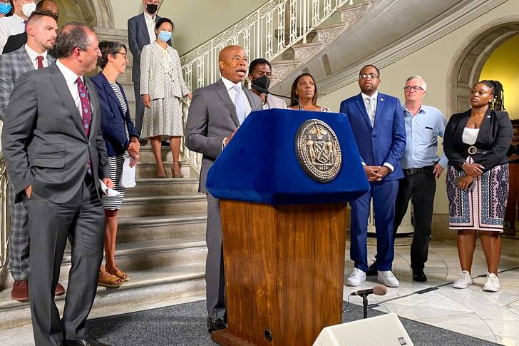 Mayor Eric Adams, officials and gun control advocates ask New York-based credit card companies to help curb shootings at a press conference at City Hall Tuesday afternoon.